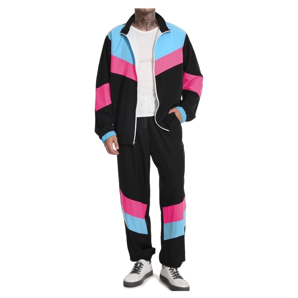 NWOT Unisex 90s Tracksuit Costume 80s Windbreaker Jacket Pants Set Blue Pink M